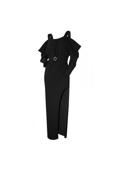 Atelier Anca Socolovschi Women's black, long dress with slit on leg and dropped shoulders