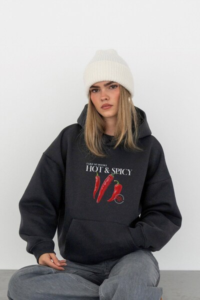 The Champ Clothing Γυναικείο φούτερ με κουκούλα Oversize Hot & Spicy Printed Smoked – Φλις με κουκούλα, 3 κλωστές με ανάλαφρο χρώμα