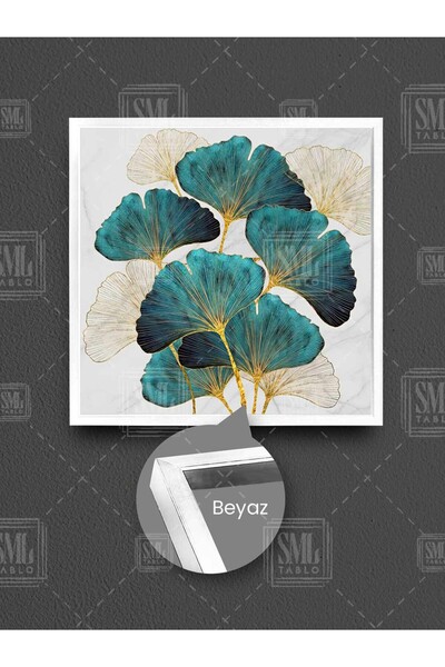 SML TABLO Blue Petal Flower with Golden Branches Leaf Modern Decorative Framed Square Canvas Painting