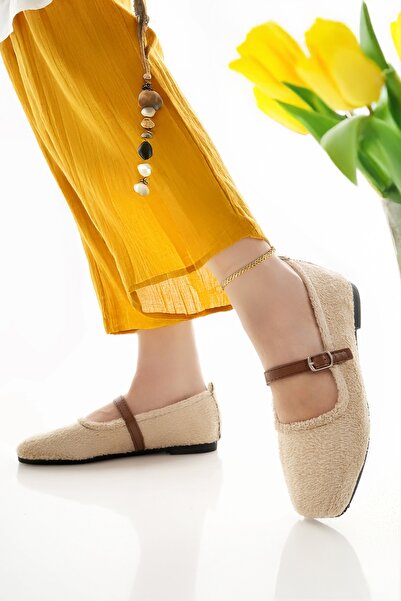 Modafırsat Women's Ballerinas Beige Banded Belted Lightweight Comfortable Stylish Business Office Daily Shoes