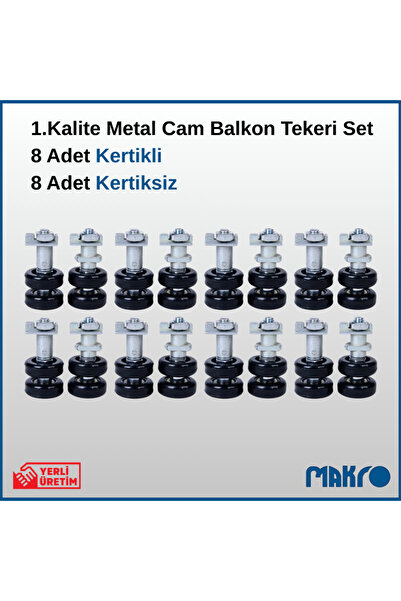 GLASSMAKRO 1. Kalite 8 Adet Kertikli + 8 Adet Kertiksiz Metal Cam Balkon Tekeri Set