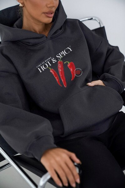 The Champ Clothing Γυναικείο φούτερ με κουκούλα Oversize Hot & Spicy Printed Smoked – Φλις με κουκούλα, 3 κλωστές με ανάλαφρο χρώμα