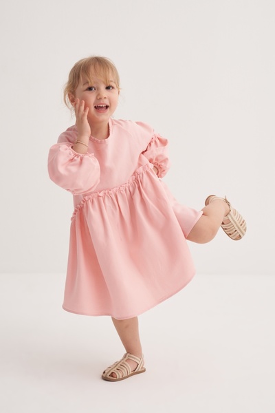 EBU Prive Kız Çocuk Dökümlü Pamuklu Pilili Elbise Pembe