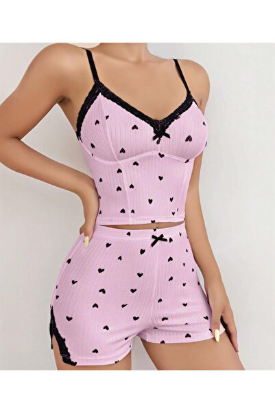 AMORA SECRET Morliva Pink Heart Patterned Suspender Shorts Pajama Set