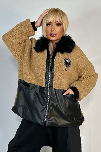 WildFashion Geaca casual din blanita creata si piele ecologica accesorizata c...