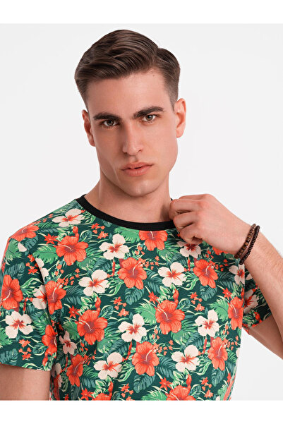 OMBRE Ανδρικό βαμβακερό μπλουζάκι με φλοράλ σχέδια σε όλο το μήκος - μαύρο V2 OM-TSFP-0249 XL