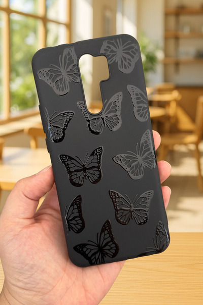 Vip Case Xiaomi Redmi 9 Uyumlu Siyah Kelebek Desenli Silikon Darbe Emici Klasik Korumalı Rubber Kılıf