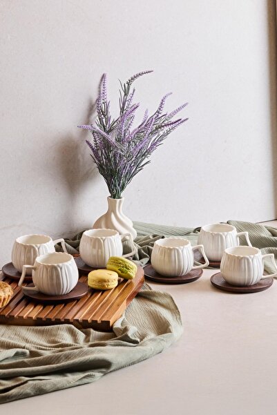 Evsun Home Collection 6 Person 12 Piece Coffee Cup Set with Acacia Plate 90ml