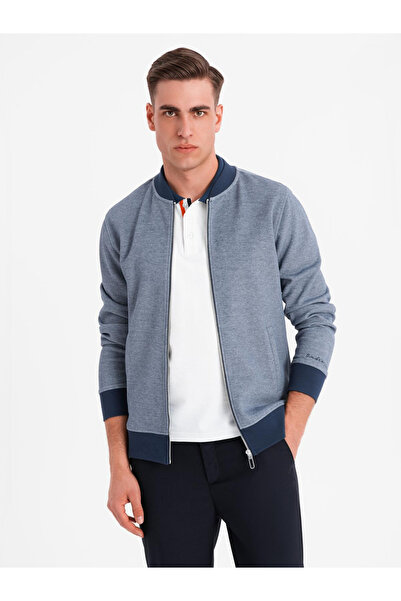 OMBRE Pánská bomber mikina z piké pleteniny - tmavě modrá V2 OM-SSZP-0238