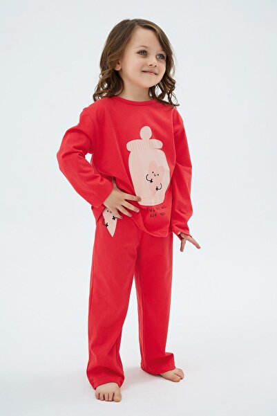 Sevim Дълъг ръкав момичешки пижамен комплект с коралов мотив C1T4N98