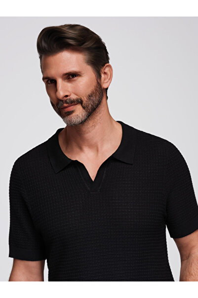 OMBRE Ανδρικό πλεκτό πόλο μπλουζάκι χωρίς κουμπιά - μαύρο V3 OM-POSS-0157