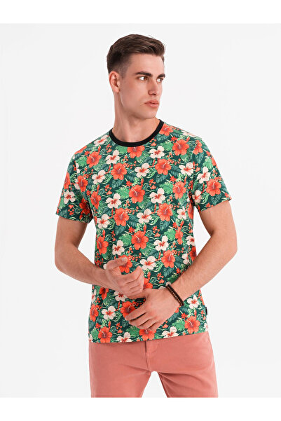 OMBRE Ανδρικό βαμβακερό μπλουζάκι με φλοράλ σχέδια σε όλο το μήκος - μαύρο V2 OM-TSFP-0249 XL