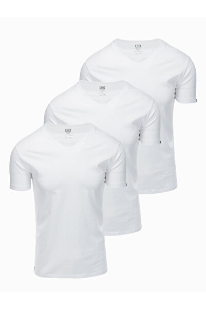OMBRE Set of men's cotton V-neck BASIC shirts - 3x white V11 OM-TSBS-0233 L