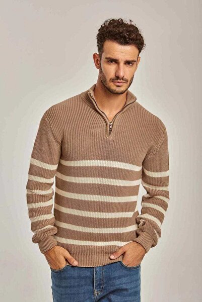 DALYDRESS Mens Striped Front-Zip Sweater