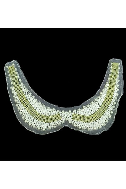 ALTAY AKSESUAR GOLD BEAD EMBROIDERED COLLAR WITH PEARL BEADS ON WHITE TULAR