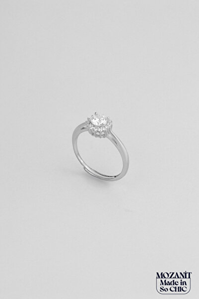 So CHIC... Mozanit Çiçeği 18 Ayar Beyaz Altın Kaplama Ayarlanabilir Gümüş Yüzük