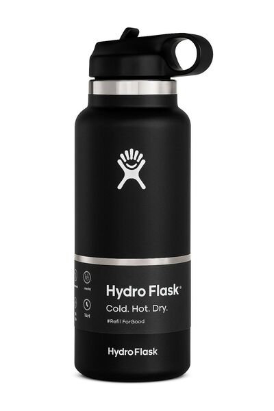 Hydro Flask 32 oz Wide Mouth Stainless Steel Reusable Water Bottle with Straw Lid, Black