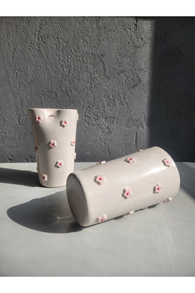 Decomindesign Çiçekli El Yapımı Seramik Pipetli Bardak
