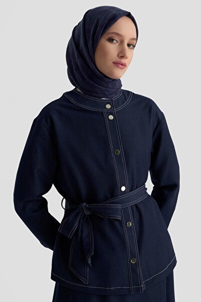 Armine TREND Belted Snap Fastener Biscuit Collar Skirt Suit Indigo 25KT607