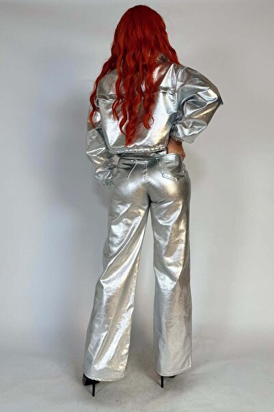 WildFashion Fashion waist-length jacket made of shiny silver denim G847-6