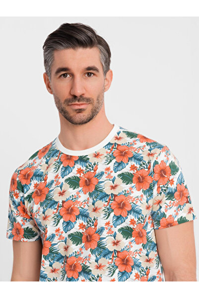 OMBRE Ανδρικό βαμβακερό μπλουζάκι με φλοράλ σχέδιο σε όλο το μήκος - λευκό V1 OM-TSFP-0249 XL