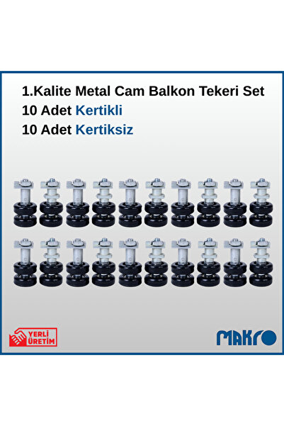 GLASSMAKRO 1. Kalite 10 Adet Kertikli + 10 Adet Kertiksiz Metal Cam Balkon Tekeri Set