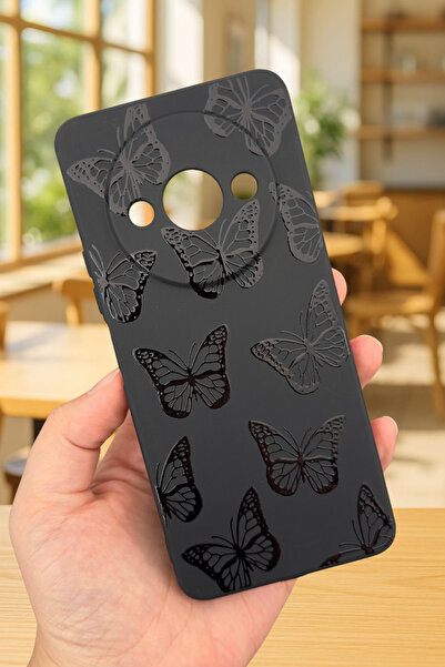 Vip Case Xiaomi Redmi A3 Uyumlu Siyah Kelebek Desenli Silikon Darbe Emici Klasik Korumalı Rubber Kılıf
