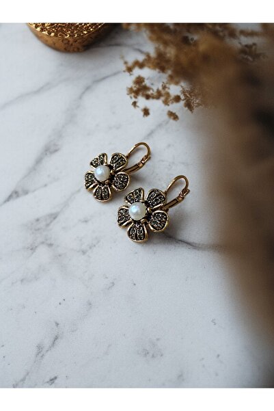 FAYRA ACCESSORIES Kristal Taşlı Çiçek Figürlü İnci Küpe