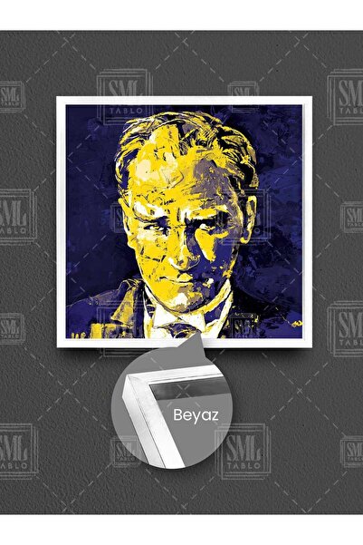 SML TABLO Жълто и тъмносиньо Мустафа Кемал Ататюрк Канарче в рамка, квадратна картина върху платно