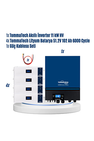 Tommatech 11kW Pro İnverter + 4 x 51.2V 102Ah Lityum Batarya Seti | Güç Kablosu Dahil