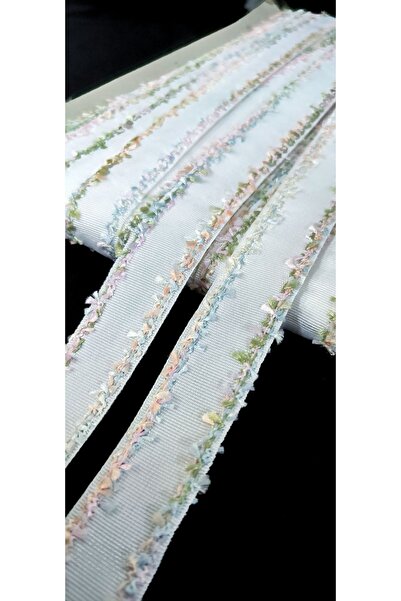 ALTAY AKSESUAR ÖZEL BEYAZ GROGREN ÜZERİNE RENGARENK İP PÜSKÜL İŞLEMELİ ŞERİT