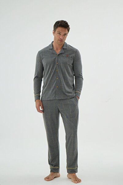 Sevim Men's Long Sleeve Front Button Shirt Collar Patterned Gray Pajama Set C5T2N69