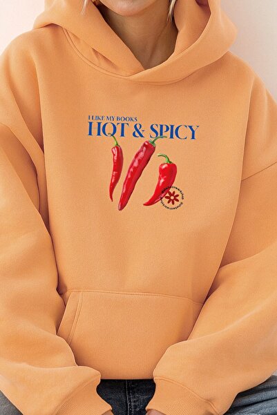 The Champ Clothing Γυναικείο φούτερ με κουκούλα Oversize Hot & Spicy με στάμπα πορτοκαλί – με κουκούλα, 3 κλωστές από φλις με ριμπ
