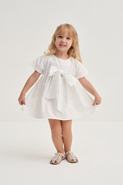 EBU Prive Дівчача сукня з попліну з стрічкою, біла