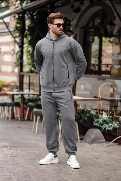 Madmext Anthracite Hooded Relaxed Fit Men's Tracksuit Set E7330