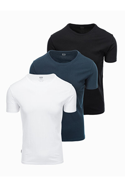 OMBRE Set tricou bărbătesc BASIC din bumbac cu decolteu rotund - negru/alb/bleumarin V1 OM-TSBS-0232 L