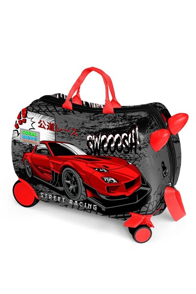 Coral High Kids Siyah Kırmızı Anime Araba Desenli Otur-Çek Çocuk Valizi 16368