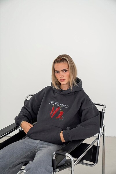 The Champ Clothing Γυναικείο φούτερ με κουκούλα Oversize Hot & Spicy Printed Smoked – Φλις με κουκούλα, 3 κλωστές με ανάλαφρο χρώμα