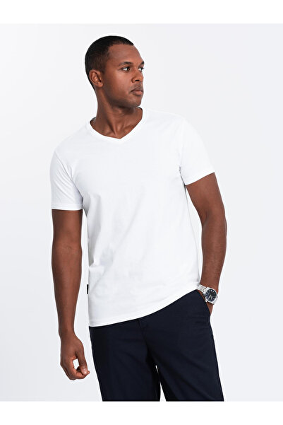 OMBRE Set of men's cotton V-neck BASIC shirts - 3x white V11 OM-TSBS-0233 L