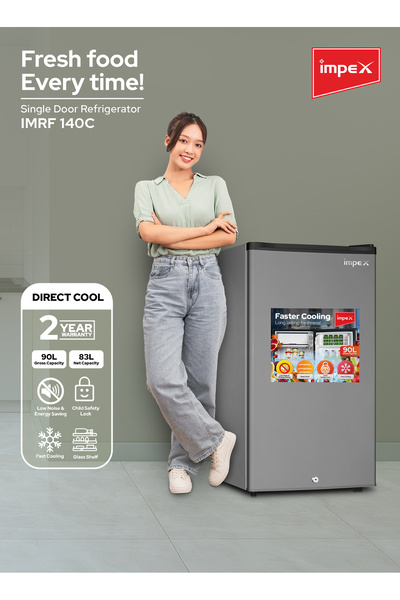 İMPEX 90L Single Door Refrigerator, 8L Freezer, Glass Shelf, Fast Cooling, Dark Grey, IMRF 140C