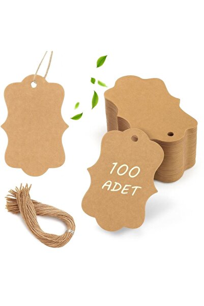naturevo 100 adet Kraft Etiket 7*5 cm 300 gr Kalın Karton 20m Jüt İpli Hediye...