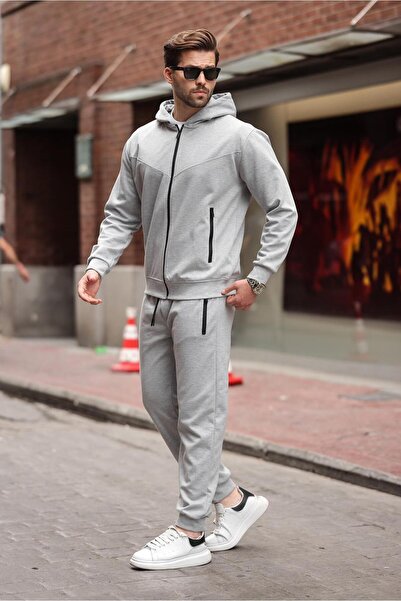 Madmext Gray Hooded Relaxed Fit Men's Tracksuit Set E7330