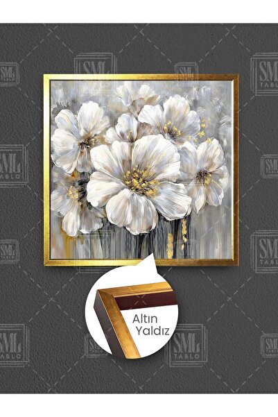SML TABLO Altın Detaylı Beyaz Çiçek Buketi Modern Dekorasyon Çerçeveli Kare K...