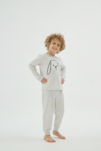 Sevim Boy's Long Sleeve Grey Melange Patterned Pajama Set C1T6N98
