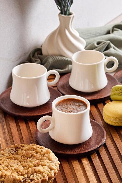 Evsun Home Collection 6 Person 12 Piece Coffee Cup Set with Acacia Plate 90ml