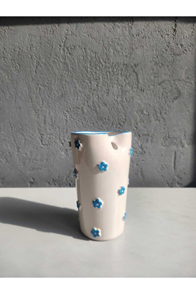 Decomindesign Mavi Çiçekli El Yapımı Seramik Pipetli Bardak
