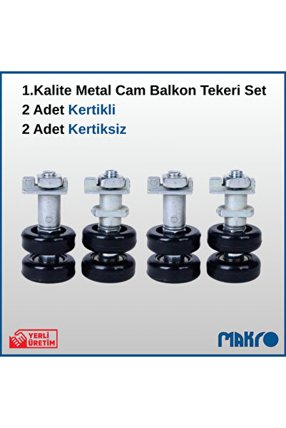 GLASSMAKRO 1. Kalite 2 Adet Kertikli + 2 Adet Kertiksiz Metal Cam Balkon Tekeri Set