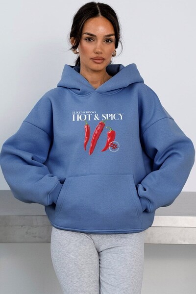The Champ Clothing Γυναικείο φούτερ με κουκούλα Oversize Hot & Spicy Printed Marine – Φλις με κουκούλα, 3 κλωστές με ανάλαφρο χρώμα