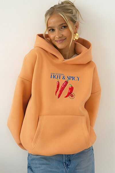 The Champ Clothing Γυναικείο φούτερ με κουκούλα Oversize Hot & Spicy με στάμπα πορτοκαλί – με κουκούλα, 3 κλωστές από φλις με ριμπ