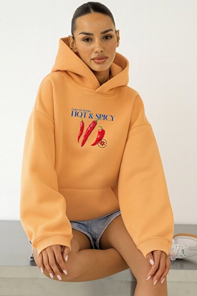 The Champ Clothing Γυναικείο φούτερ με κουκούλα Oversize Hot & Spicy με στάμπα πορτοκαλί – με κουκούλα, 3 κλωστές από φλις με ριμπ